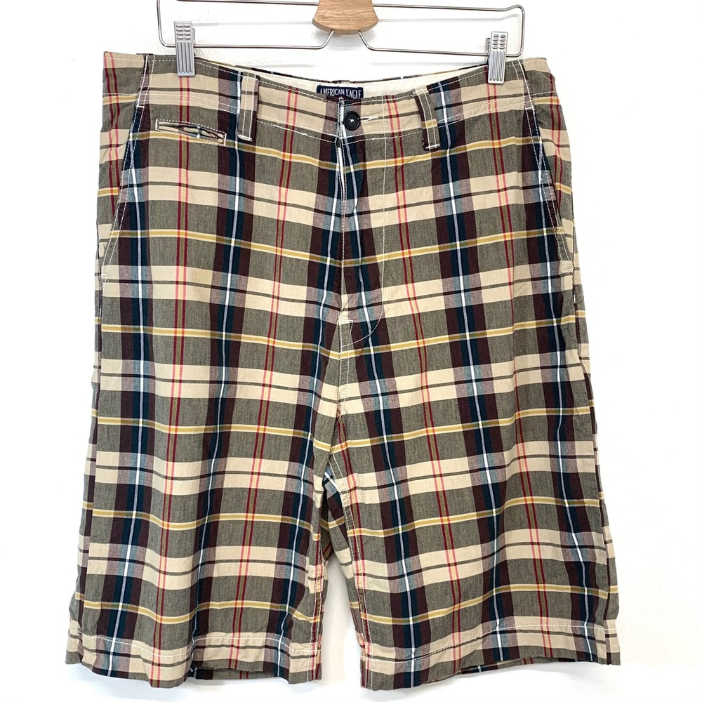 American Eagle  Plaid Shorts Chino Flat Front 33 All Cotton Preppy Casual Pocket